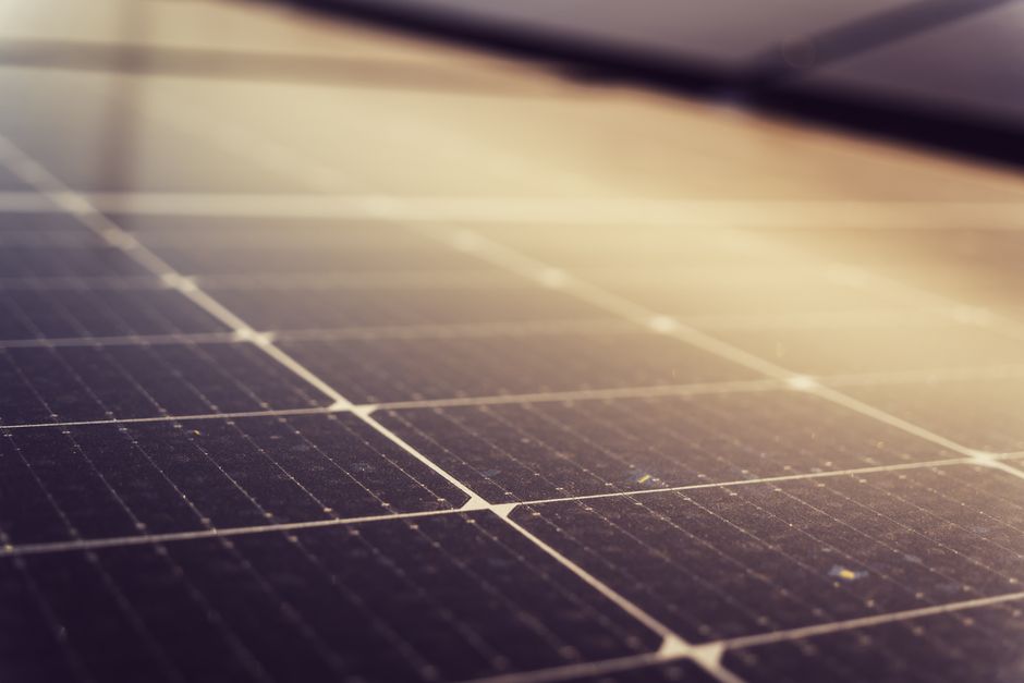 Close up view of modern residential solar panels on a roof